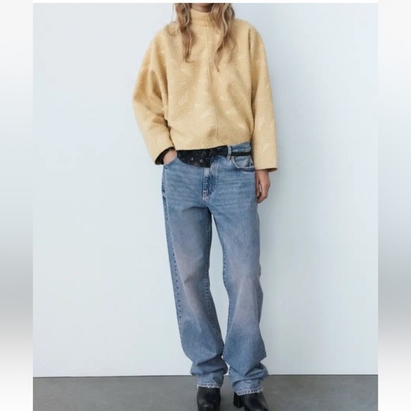 Zara Women’s Medium Teddy Cape Sleeve Poncho Top Tan Pressed Feather - Picture 10 of 12